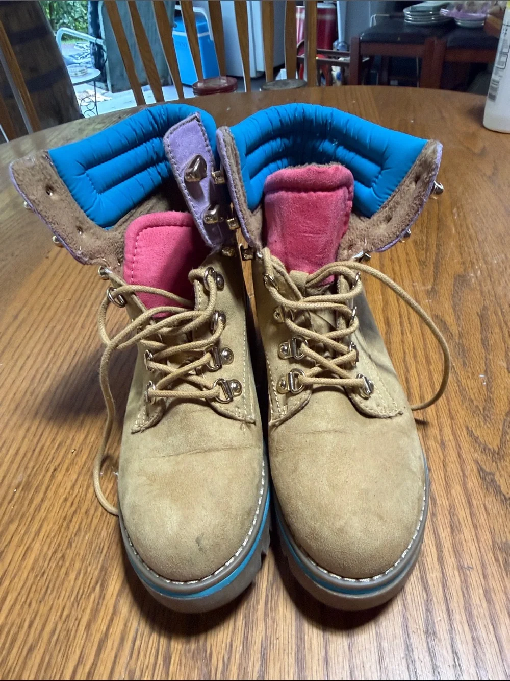Pacifica Tan Suede Kids/Women’s Lace-Up Boots with Pink Tongue and Blue Trim